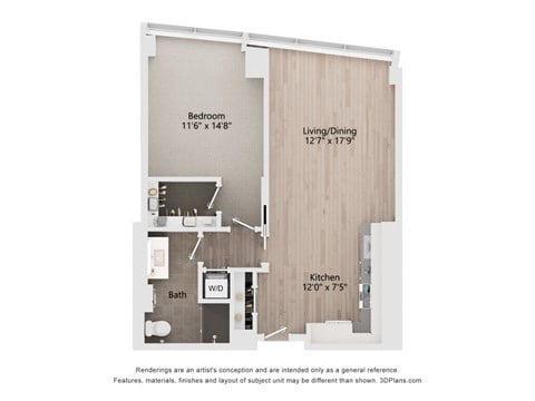 Floor plan for 1 bed, 1 bath, 802 sqft