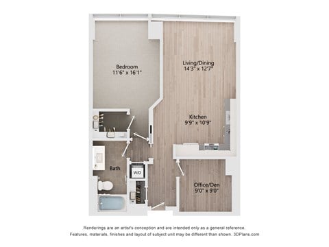 Floor plan for 1 bed, 1 bath, 838 sqft