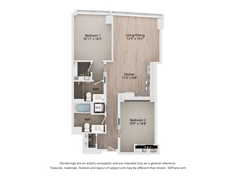 Floor plan for 2 beds, 2 baths, 1000 sqft