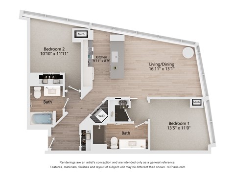 Floor plan for 2 beds, 2 baths, 1128 sqft