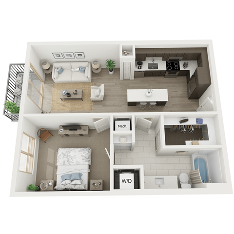 Floor plan for 1 bed, 1 bath, 800 sqft