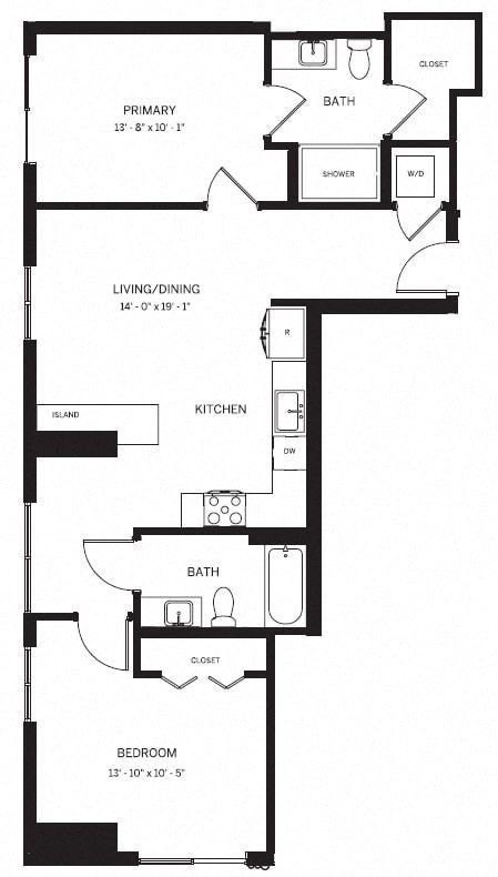 Floor plan for 2 beds, 2 baths, 987 sqft