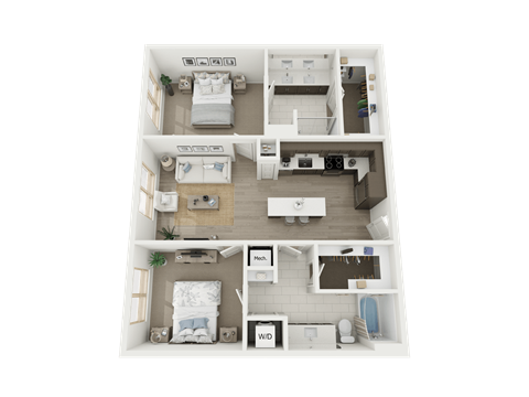 Floor plan for 2 beds, 2 baths, 1102 sqft