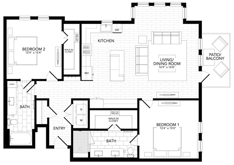 Floor plan for 2 beds, 2 baths, 1342 sqft