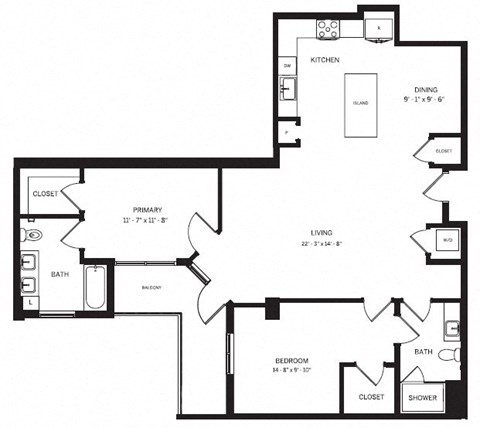 Floor plan for 2 beds, 2 baths, 1200 sqft