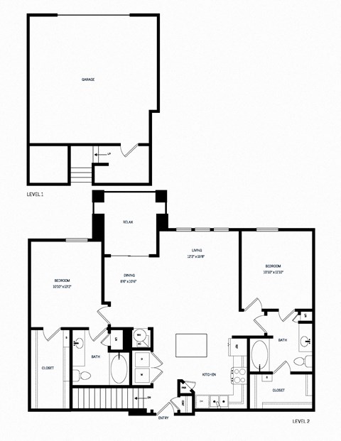 Floor plan for 2 beds, 2 baths, 1172 sqft