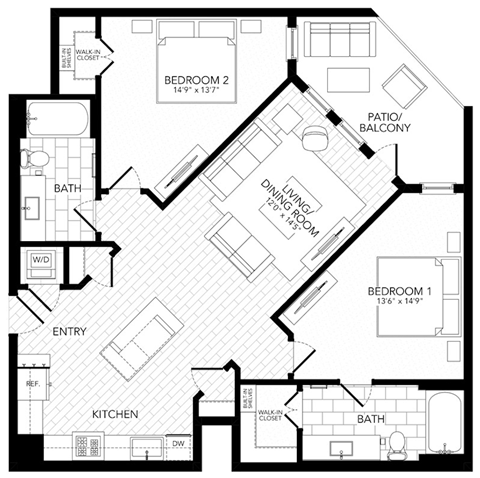 Floor plan for 2 beds, 2 baths, 1118 sqft