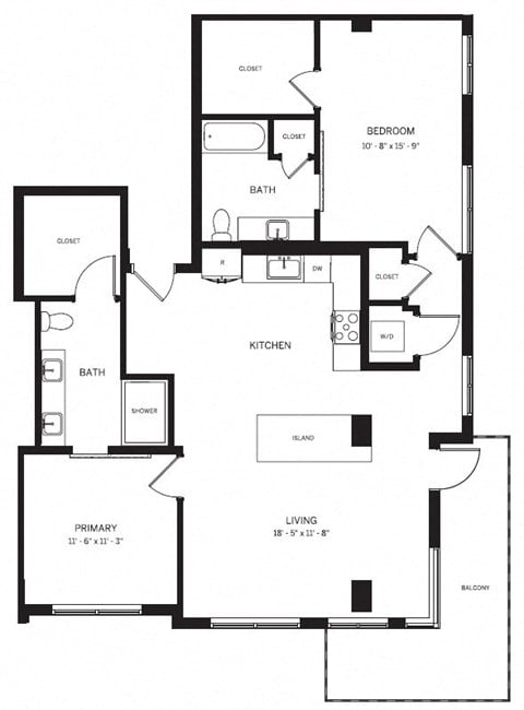 Floor plan for 2 beds, 2 baths, 1300 sqft
