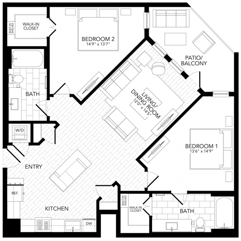Floor plan for 2 beds, 2 baths, 1140 sqft