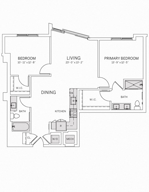 Floor plan for 2 beds, 2 baths, 1053 sqft