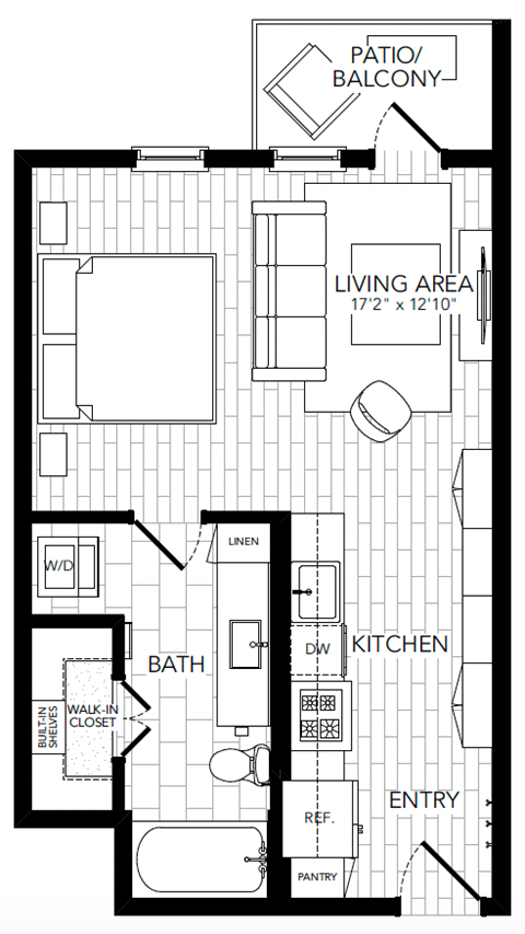 Floor plan for studio, 1 bath, 504 sqft