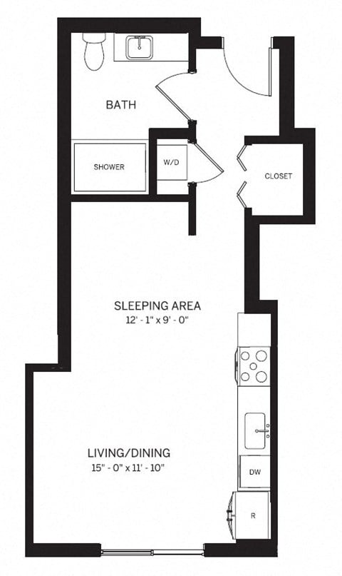 Floor plan for studio, 1 bath, 470 sqft