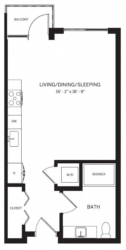 Floor plan for studio, 1 bath, 550 sqft