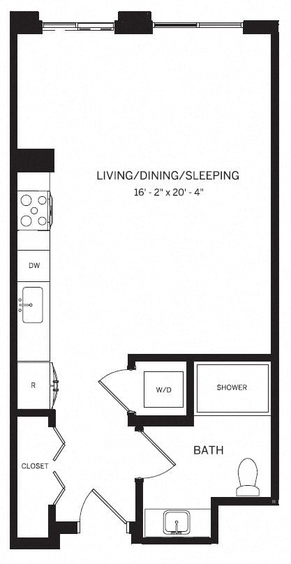 Floor plan for studio, 1 bath, 551 sqft
