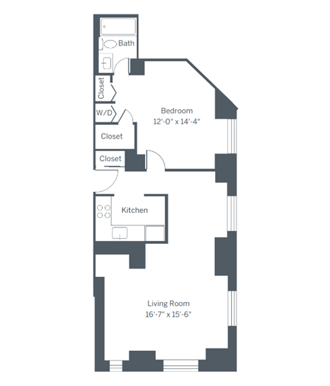 Floor plan for 1 bed, 1 bath, 708 sqft