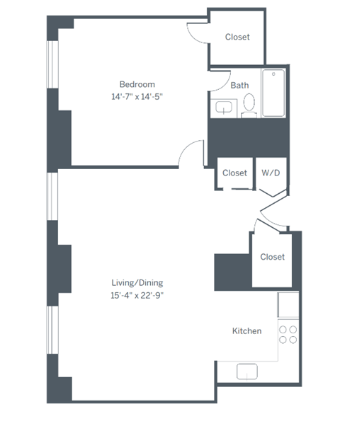Floor plan for 1 bed, 1 bath, 806 sqft