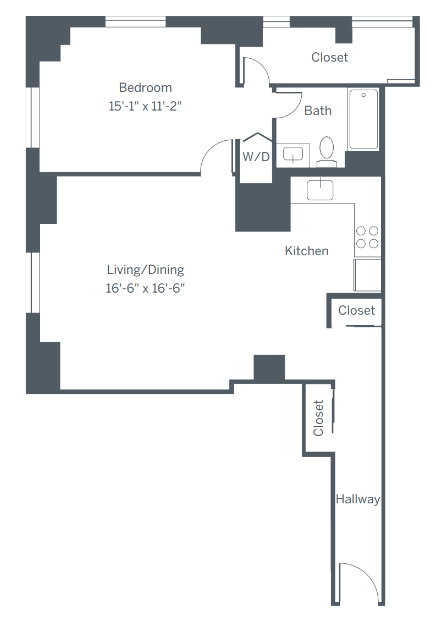 Floor plan for 1 bed, 1 bath, 799 sqft