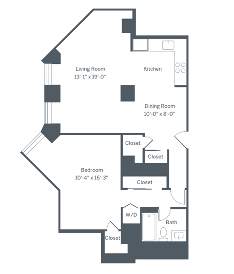 Floor plan for 1 bed, 1 bath, 810 sqft