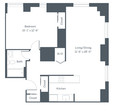Floor plan for 1 bed, 1 bath, 780 sqft