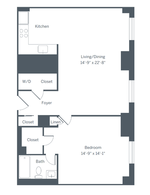Floor plan for 1 bed, 1 bath, 811 sqft
