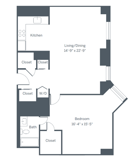 Floor plan for 1 bed, 1 bath, 857 sqft