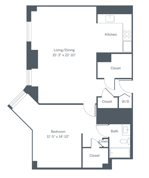 Floor plan for 1 bed, 1 bath, 856 sqft