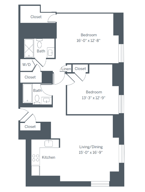 Floor plan for 2 beds, 2 baths, 993 sqft