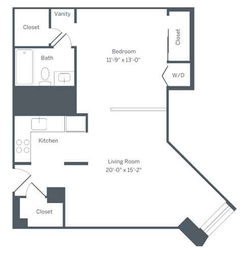 Floor plan for studio, 1 bath, 621 sqft