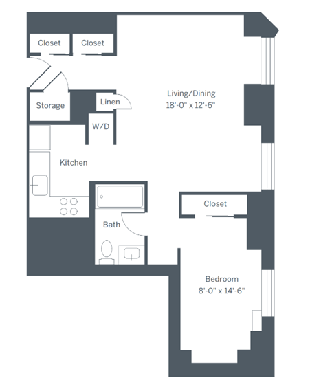 Floor plan for studio, 1 bath, 613 sqft