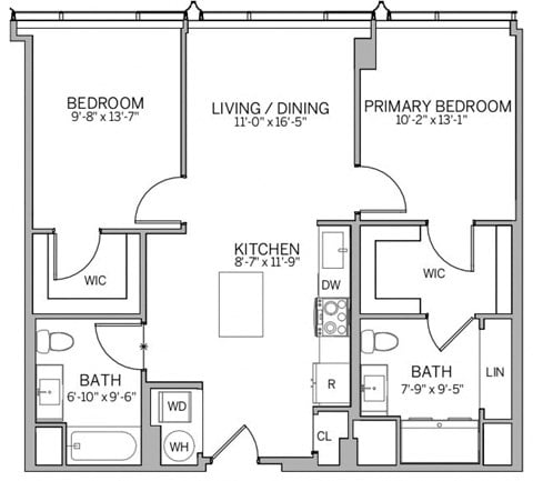 Floor plan for 2 beds, 2 baths, 954 sqft