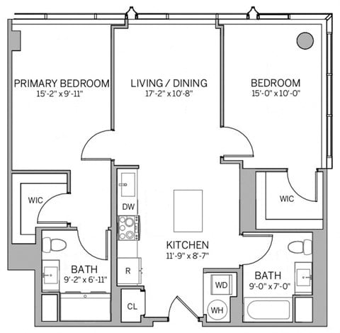 Floor plan for 2 beds, 2 baths, 979 sqft