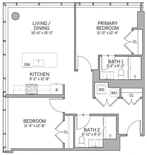 Floor plan for 2 beds, 2 baths, 991 sqft