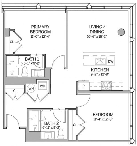Floor plan for 2 beds, 2 baths, 991 sqft