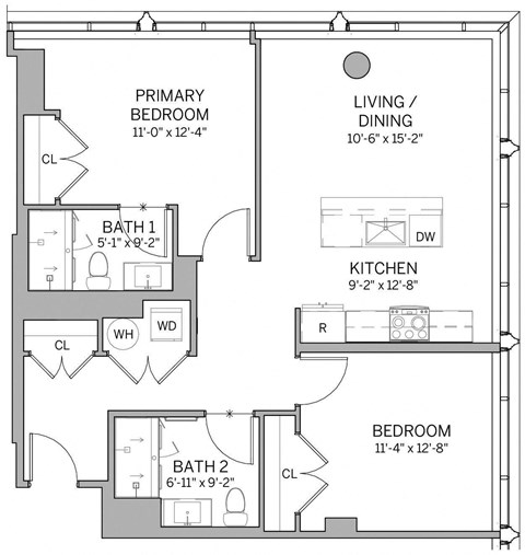 Floor plan for 2 beds, 2 baths, 991 sqft