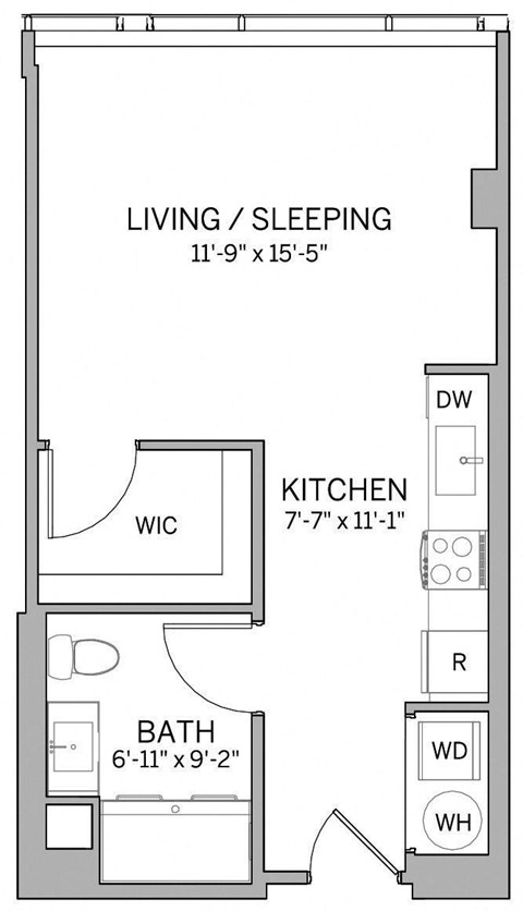 Floor plan for studio, 1 bath, 475 sqft