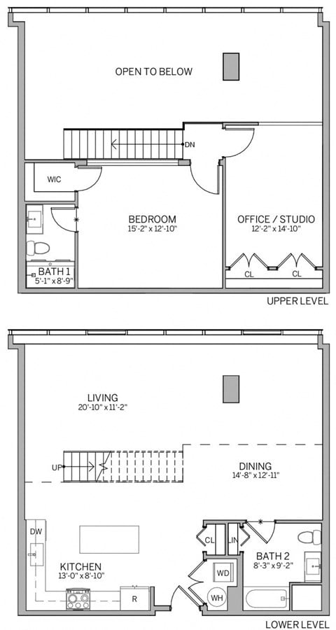 Floor plan for 1 bed, 2 baths, 1452 sqft