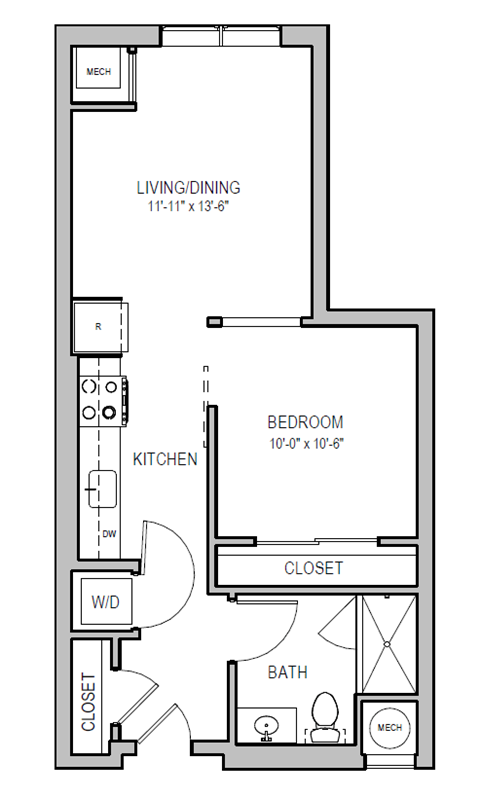 Floor plan for 1 bed, 1 bath, 580 sqft