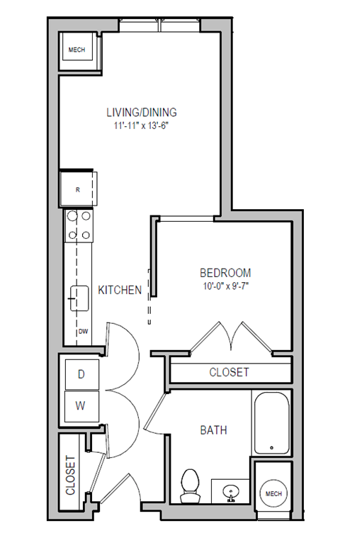 Floor plan for 1 bed, 1 bath, 577 sqft