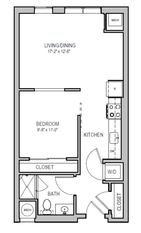 Floor plan for 1 bed, 1 bath, 624 sqft