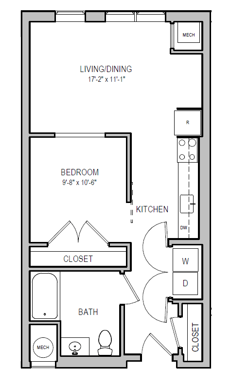 Floor plan for 1 bed, 1 bath, 625 sqft