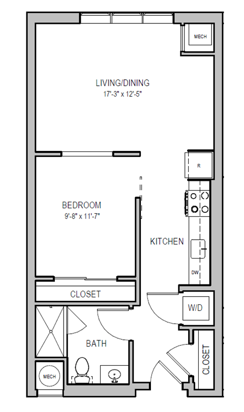 Floor plan for 1 bed, 1 bath, 652 sqft