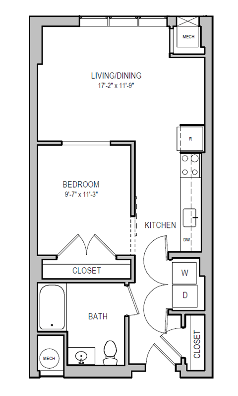 Floor plan for 1 bed, 1 bath, 652 sqft