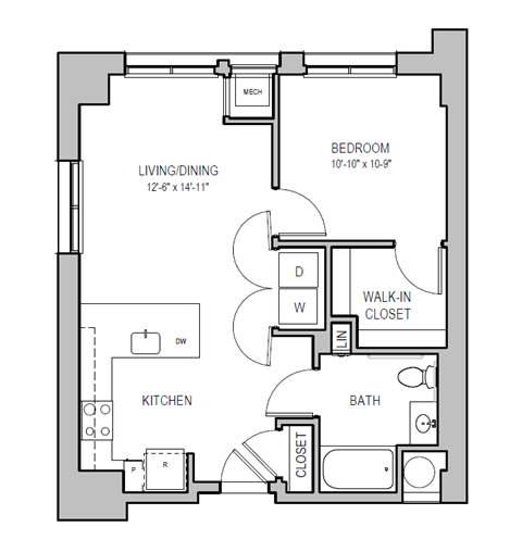 Floor plan for 1 bed, 1 bath, 692 sqft
