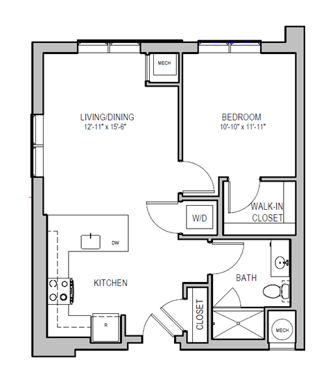 Floor plan for 1 bed, 1 bath, 743 sqft