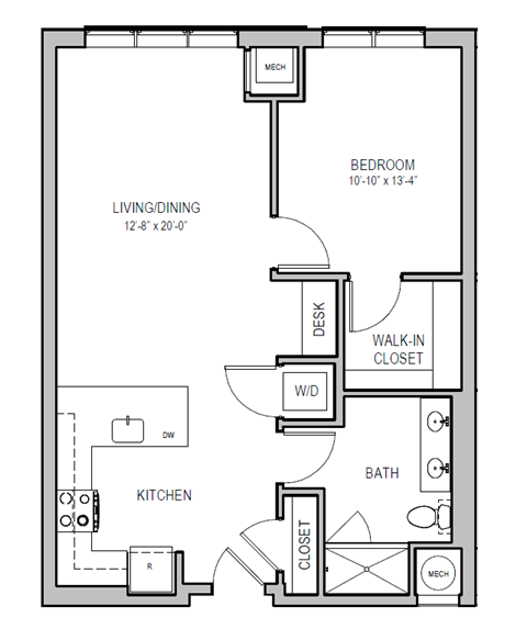 Floor plan for 1 bed, 1 bath, 836 sqft