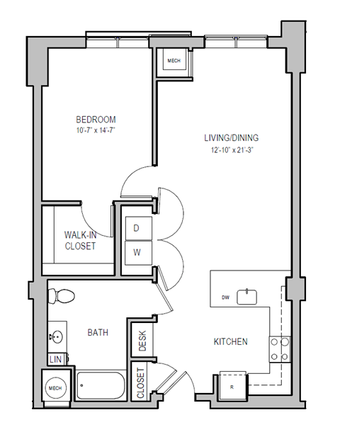 Floor plan for 1 bed, 1 bath, 857 sqft