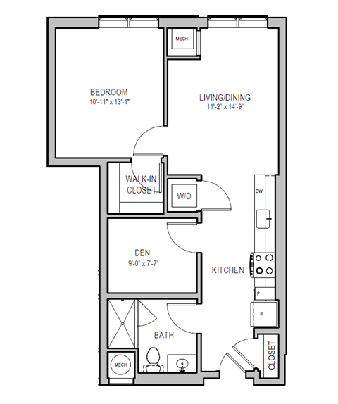 Floor plan for 1 bed, 1 bath, 743 sqft