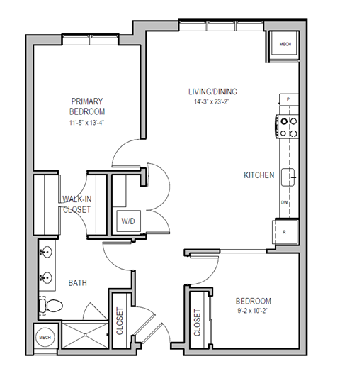 Floor plan for 2 beds, 1 bath, 990 sqft