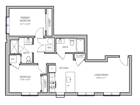Floor plan for 2 beds, 2 baths, 967 sqft