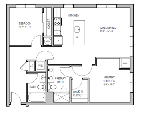 Floor plan for 2 beds, 2 baths, 1110 sqft